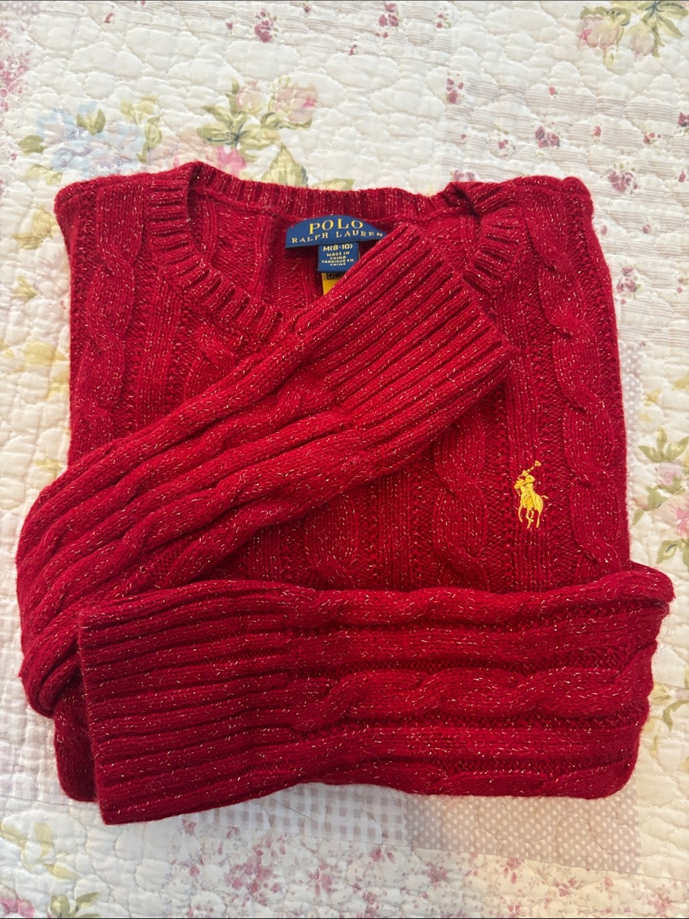 Polo by Ralph Lauren girls  Red Cable V-Neck Sweater with Pony